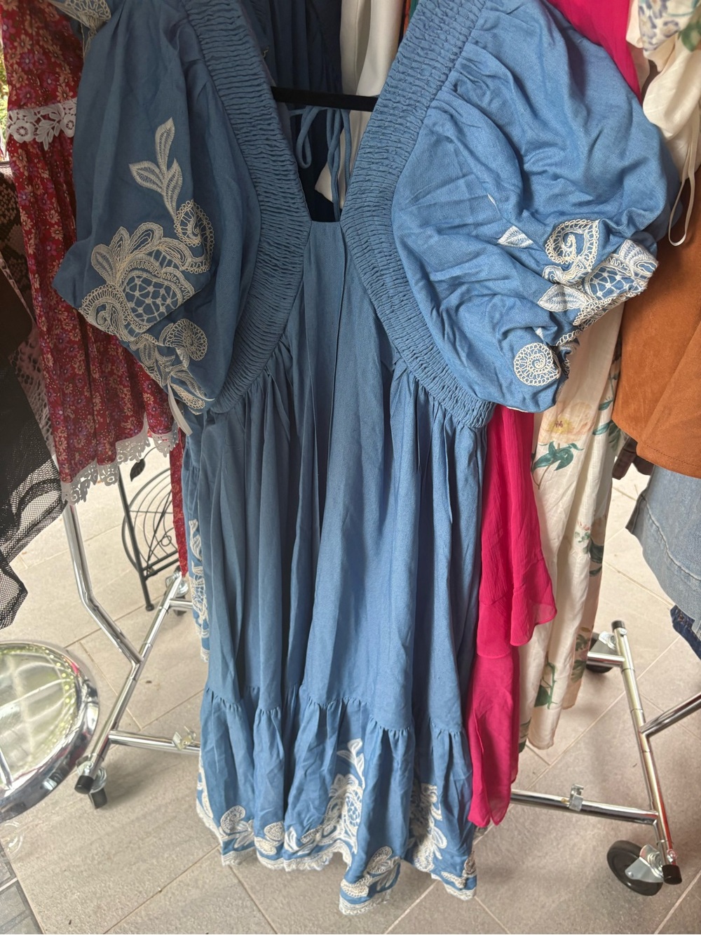 NWT Designer Embroidered Denim Maxi Dress W Puff Sleeves. Available in S, M, L.